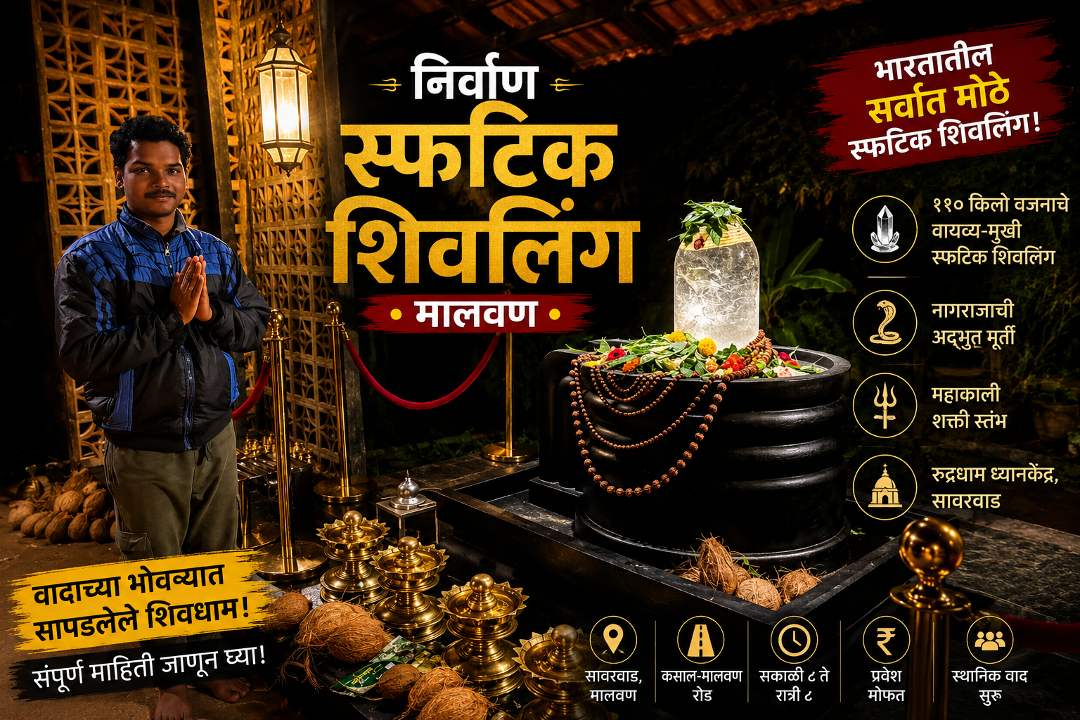 निर्वाण स्फटिक शिवलिंग, मालवण (सावरवाड) येथील भारतातील सर्वात मोठे ११० किलो वजनाचे पारदर्शक स्फटिक शिवलिंग आणि नागराज मूर्तीचे दर्शन.