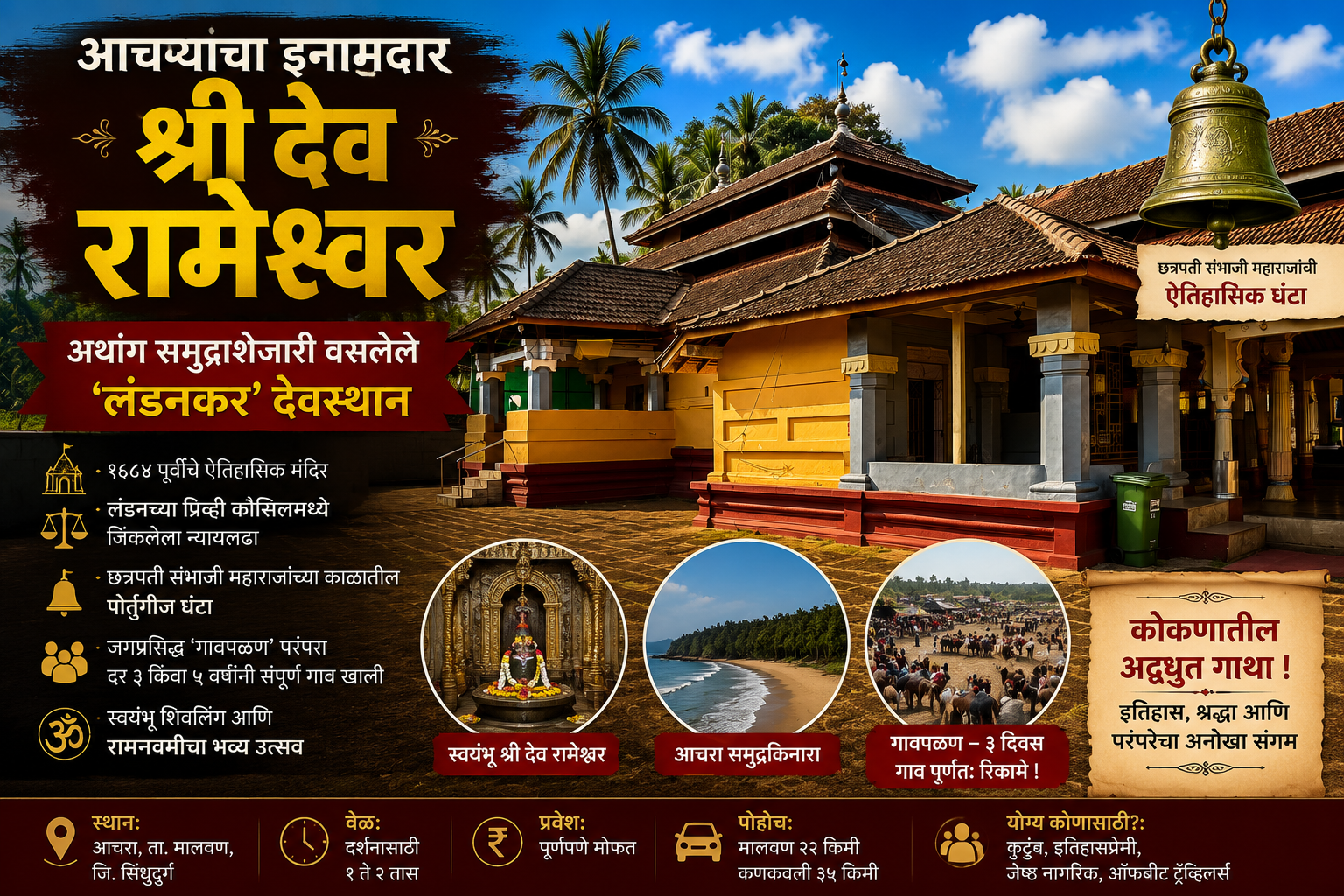 आचरा येथील इनामदार श्री देव रामेश्वर मंदिराचे मुख्य प्रवेशद्वार आणि मंदिर परिसर, सिंधुदुर्ग
