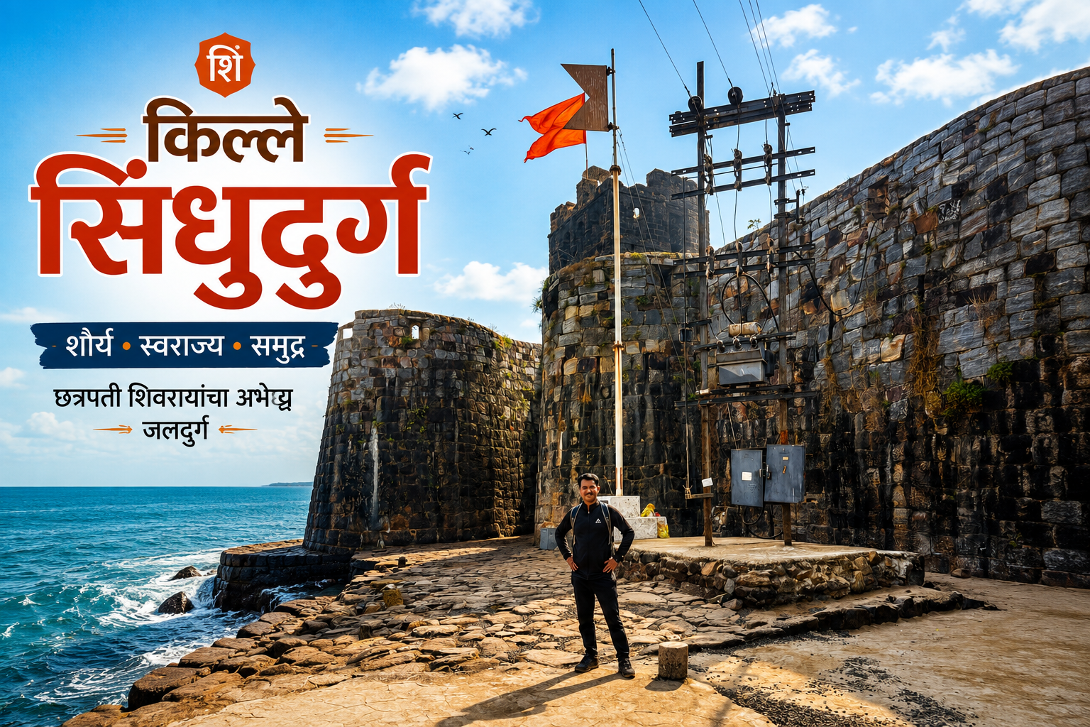 Alt Text: मालवणच्या अरबी समुद्रात उभा असलेला ऐतिहासिक सिंधुदुर्ग किल्ला आणि भगवा ध्वज